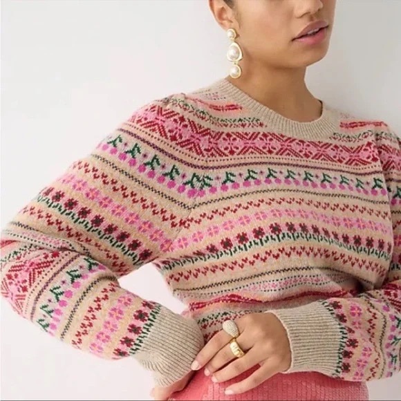 J. Crew Puff Sleeve Fair Isle Cherry Crewneck Sweater Size Small - Picture 5 of 11